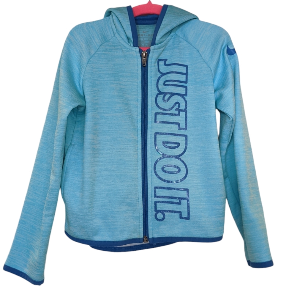 Nike zip up sweatshirt hoodie blue dry fit long sleeve size small Girls 4-5yrs